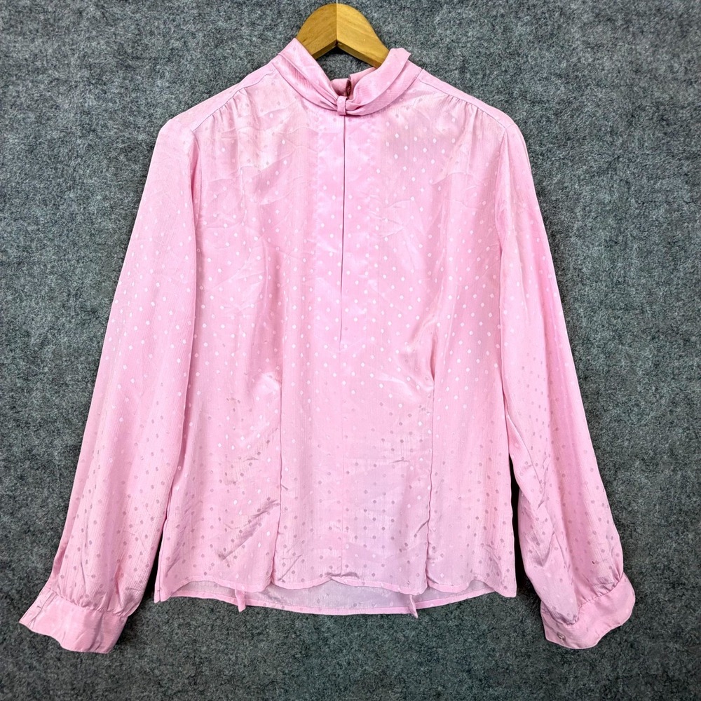Vintage Pykettes Office Blouse Top Womens Pink Jacquard Polka Dot Silky Siren